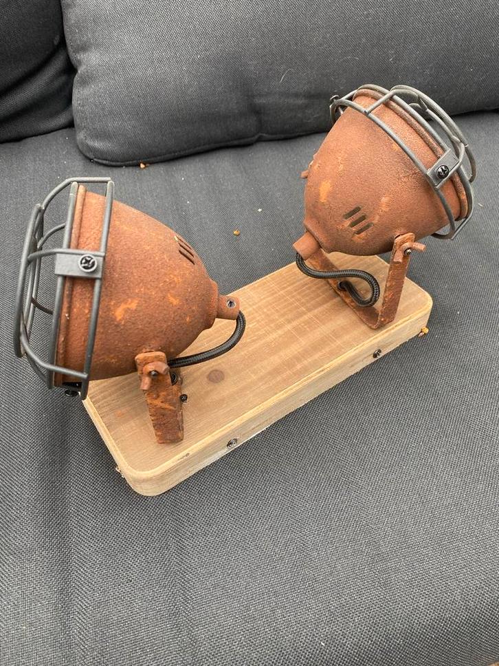 Vintage Plafondlamp 2 Spots LED stoer roest, Huis en Inrichting, Lampen | Plafondlampen, Gebruikt, Hout, Ophalen of Verzenden