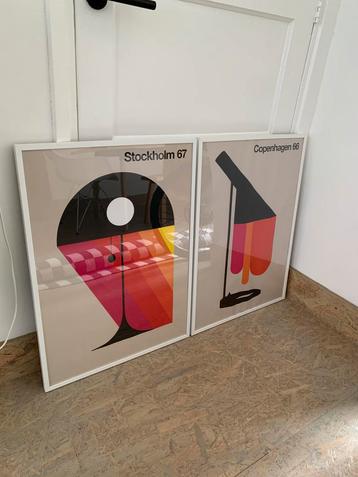 Twee ingelijste design retroprints kunstposters Bo Lundberg beschikbaar voor biedingen
