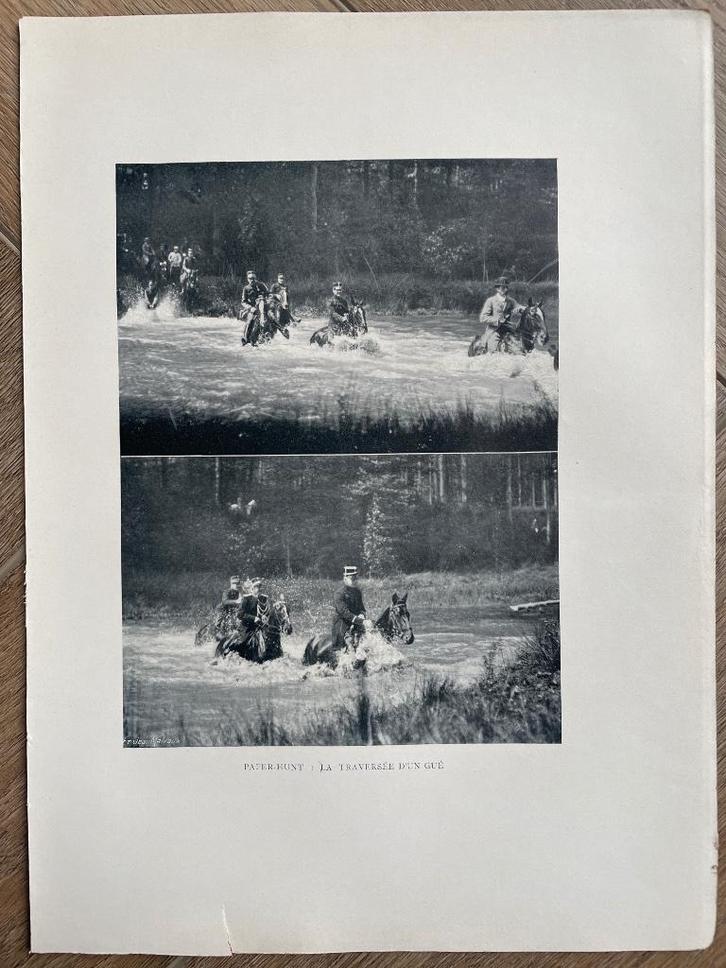 Paarden prent 1907 paper hunt / la traversee d'un gue, Antiek en Kunst, Kunst | Etsen en Gravures, Ophalen of Verzenden