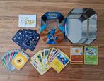 Groot Pokemon bewaarblik Lucario gevuld met 30 kaarten, Ophalen of Verzenden, Zo goed als nieuw, Overige typen, Foil