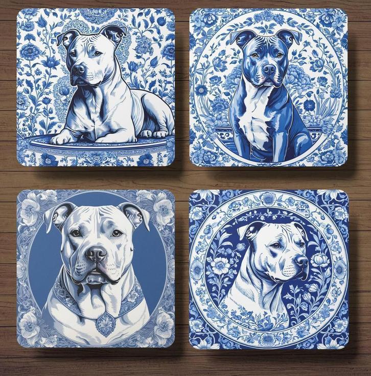 Amerikaanse Stafford Delfts Blauw onderzetters met houder, Huis en Inrichting, Woonaccessoires | Onderzetters, Nieuw, Glas of Kopje
