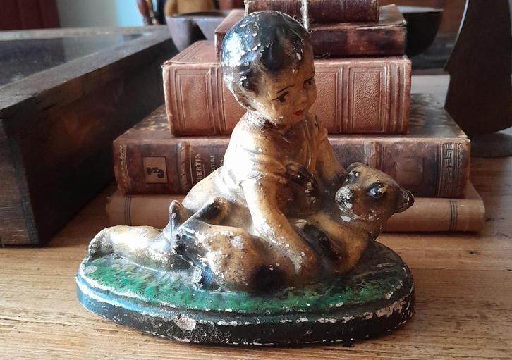 ~ Antiek Frans Beeld Kindje Hondje, Antiek en Kunst, Curiosa en Brocante, Ophalen of Verzenden