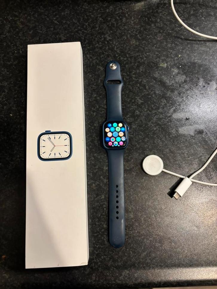 Apple Watch Series 7 (GPS + Cellular), Sieraden, Tassen en Uiterlijk, Smartwatches, Gebruikt, iOS, Blauw, GPS, Waterdicht, Ophalen
