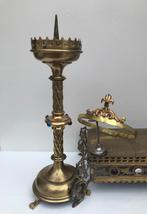 Antiek messing kerk altaar kandelaar met steentjes - Ca 1900, Antiek en Kunst, Antiek | Kandelaars, Ophalen of Verzenden, Overige materialen