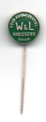 Speldje Uden W & L Bressers textiel (groen), Verzamelen, Speldjes, Pins en Buttons, Ophalen, Gebruikt, Overige onderwerpen, Speldje of Pin