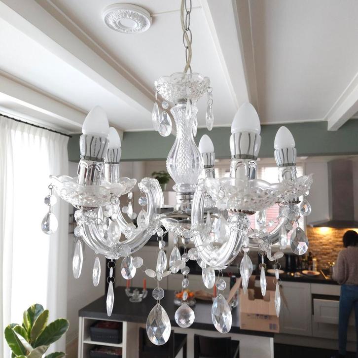 Kroonluchter 5-armig in goede staat, Huis en Inrichting, Lampen | Kroonluchters, Gebruikt, Glas, Metaal, Ophalen of Verzenden