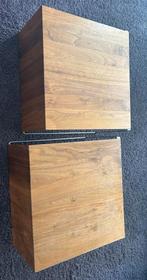 2 bijzettafels van maasief notenhout en rvs frame, Ophalen, Minder dan 45 cm, Vierkant, 55 tot 75 cm