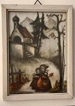 Vintage schilderijtje met kinderen en kerk, Ophalen of Verzenden
