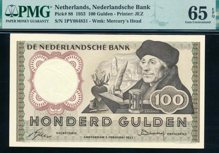 UNC PMG 65 EPQ: 100 Gulden 1953 ‘Erasmus' - 1PY084831, Postzegels en Munten, Bankbiljetten | Nederland, Los biljet, 100 gulden