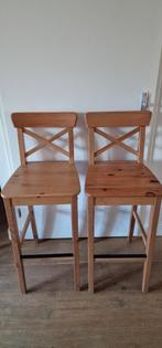Twee barkrukken Ikea Ingolf 73 cm hout met rugleuning, Ophalen, Met voetsteun, 60 tot 90 cm, Zo goed als nieuw