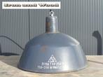 Emaille blauwe stoere oude lamp D36 H27 - met tekst, Ophalen of Verzenden