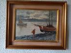 Schilderij met boten en figuur, Antiek en Kunst, Ophalen of Verzenden