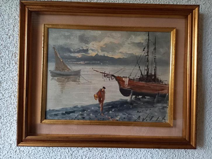 Schilderij zeezicht met boten en figuur, Antiek en Kunst, Kunst | Schilderijen | Klassiek, Ophalen of Verzenden