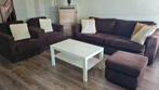 Bankstel met 2 fauteuils en poef bruin, Ophalen, Gebruikt, Rechte bank, Stof