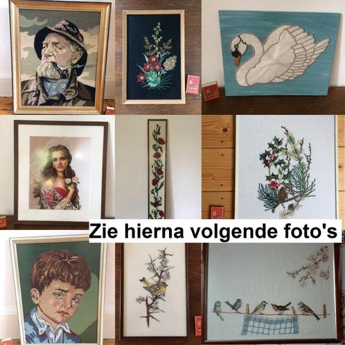 Geborduurde schilderijtjes veldboeket vogeltjes Maria kussen, Hobby en Vrije tijd, Borduren en Borduurmachines, Zo goed als nieuw
