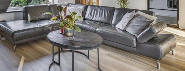 Grote leren hoekbank (links) Antraciet, Huis en Inrichting, Banken | Bankstellen, Gebruikt, Hoekbank, Vierpersoons of meer, 200 tot 250 cm