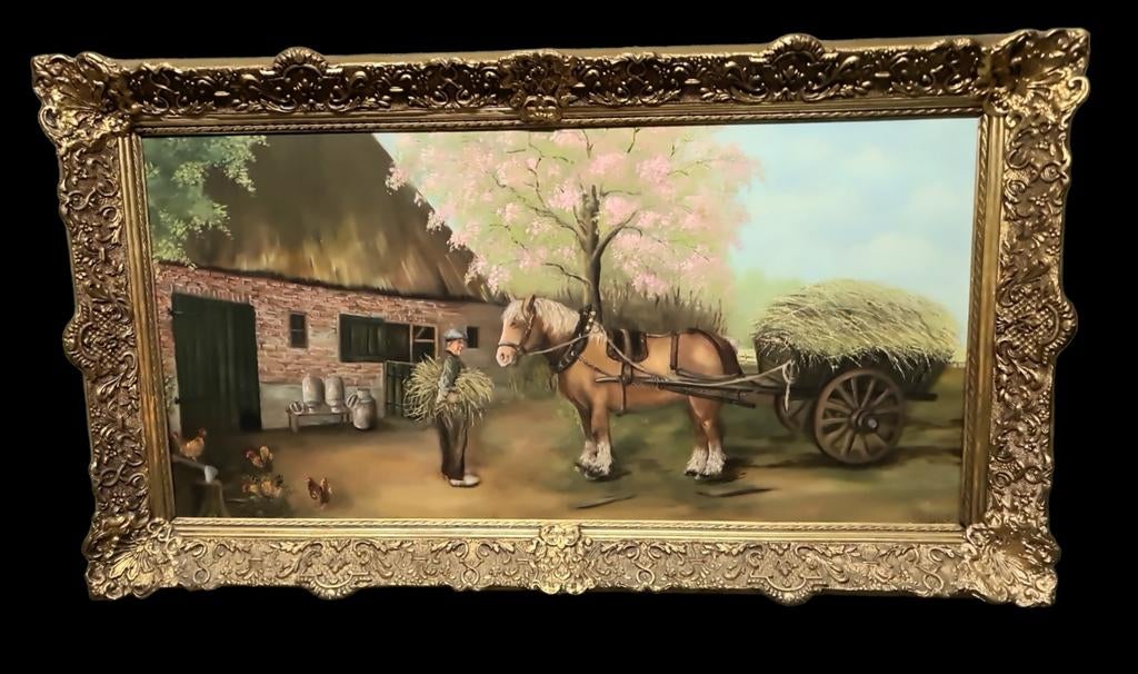 Schilderij met paard en boer op het platteland, Ophalen of Verzenden