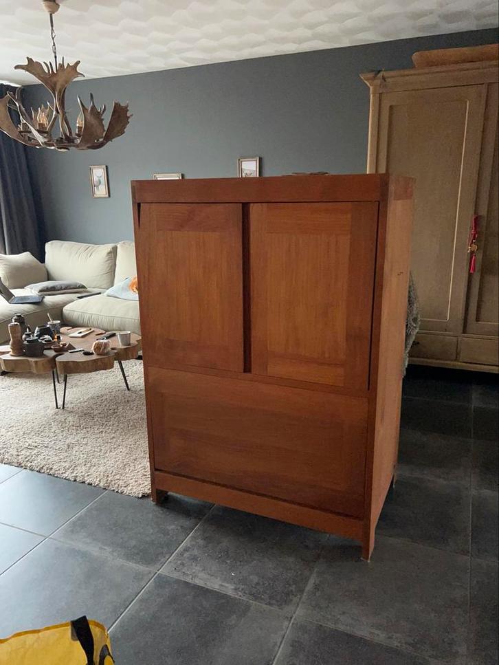 Teak houten TV/Computer kastje, Huis en Inrichting, Kasten | Computermeubels, Gebruikt, 120 tot 170 cm, 70 tot 120 cm, 40 tot 80 cm