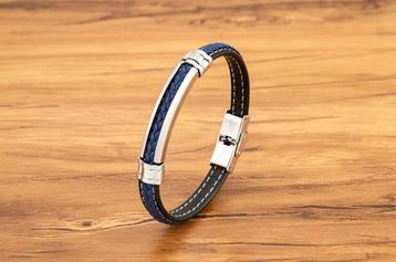 Blauwe Gevlochten Leren Heren Armband Met Stalen Accenten beschikbaar voor biedingen