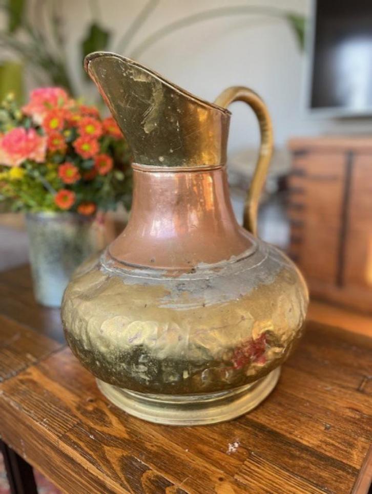 Antiek koper melkkan rood en geel melkkan waterkan vintage, Huis en Inrichting, Woonaccessoires | Vazen, Gebruikt, Overige kleuren