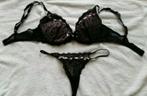 Lingerie setje zwart roze lint bh maat 75c string maat 36, H&M, Verzenden, Zwart, Setje