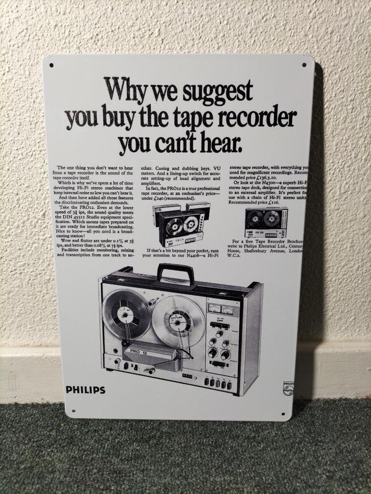 Philips PRO 12 Bandrecorder Metalen Retro Reclamebord, Audio, Tv en Foto, Bandrecorders, Onderdeel, Ophalen of Verzenden