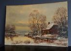 Wintertafereel landschap olie op paneel 59cm x 39cm, Ophalen of Verzenden