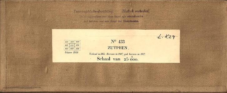 Topografische kaart Zutphen No 433 - Uitgave 1913, Boeken, Atlassen en Landkaarten, Gelezen, Landkaart, Nederland, 1800 tot 2000