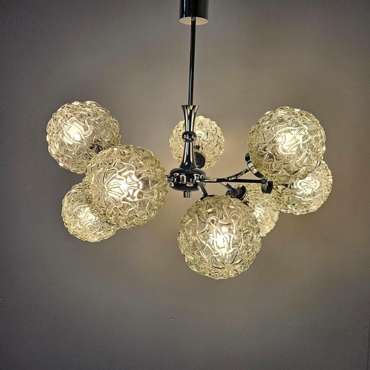 Vintage hanglamp glazen bollen, Huis en Inrichting, Lampen | Hanglampen, Gebruikt, 50 tot 75 cm, Glas, Metaal, Ophalen of Verzenden