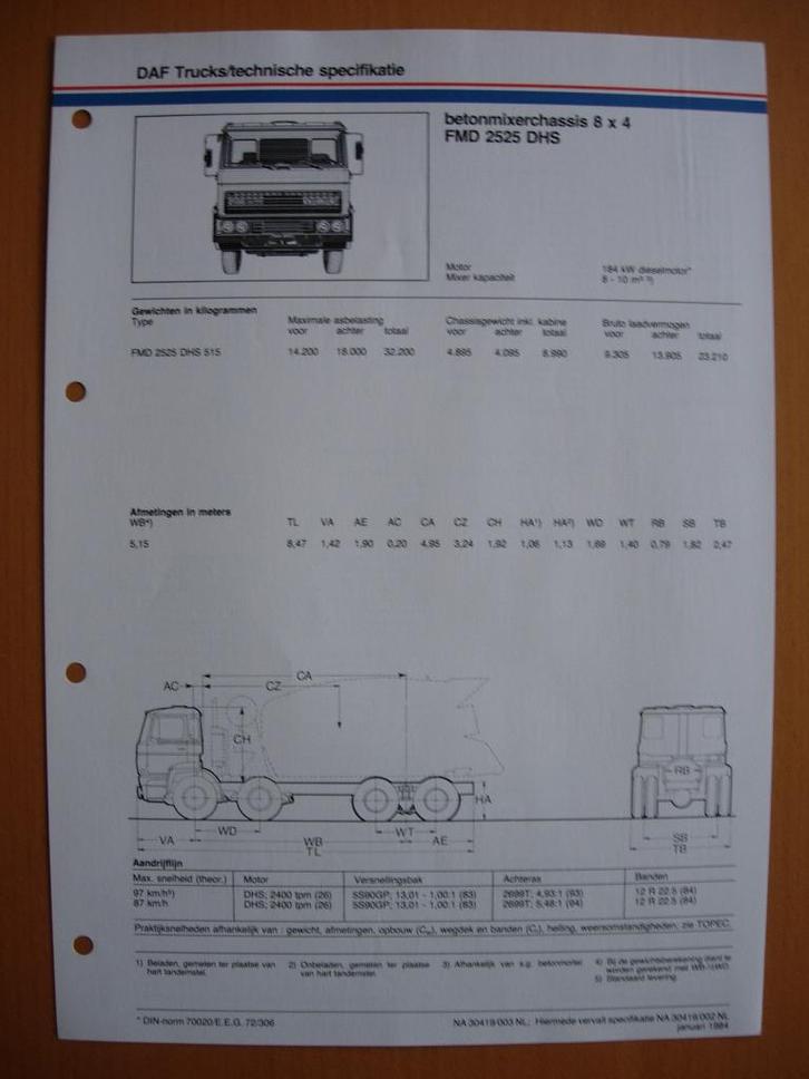 DAF FMD 2500 DHS Technische Specificatie Folder 1984 – 8x4, Boeken, Auto's | Folders en Tijdschriften, Zo goed als nieuw, Overige merken