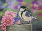 OPRUIMING schilderij jonge koolmees  - eigen werk - vogels, Ophalen of Verzenden