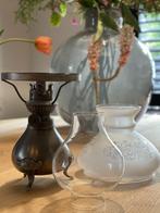 Tinnen Olie lamp met glazen kap, Ophalen of Verzenden