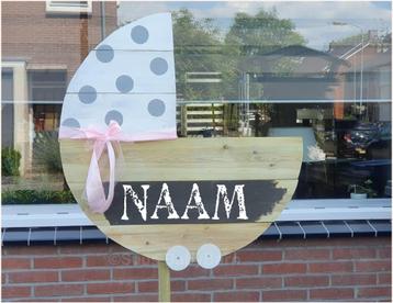 Geboortebord Kinderwagen met Roze Strik Groot Model beschikbaar voor biedingen