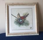 schilderijtje vogels op nest eitjes 40x40 rood (met nummer), Verzenden