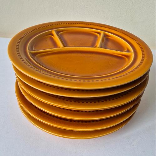 6 Vintage jaren 70 fondue/ gourmet/ bbq  borden bruin amber, Huis en Inrichting, Keuken | Servies, Gebruikt, Bord(en), Overige stijlen