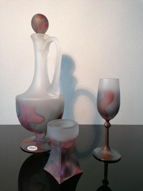 Set Karaf Glas Kaarsenhouder Kristal Van Eyk roze Gesigneerd, Antiek en Kunst, Antiek | Glas en Kristal, Ophalen of Verzenden
