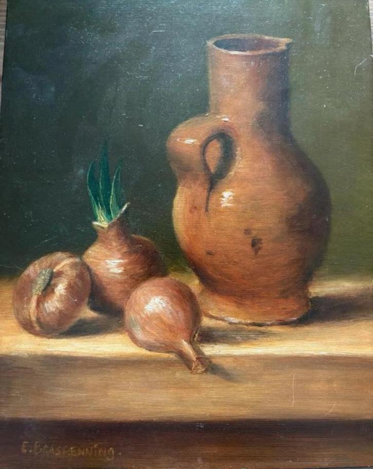 Schilderij E.Braspenning, Stilleven met uien, 1989, Antiek en Kunst, Kunst | Schilderijen | Klassiek, Ophalen of Verzenden