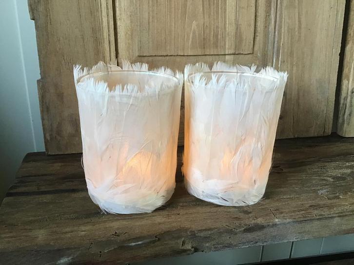 NIEUW sfeervolle glazen windlichten met echte veren, Huis en Inrichting, Woonaccessoires | Kandelaars en Kaarsen, Nieuw, Ophalen of Verzenden