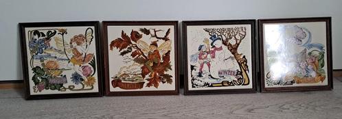 4 ingelijste tegels. 4 seizoenen. Vintage., Antiek en Kunst, Antiek | Wandborden en Tegels, Ophalen of Verzenden
