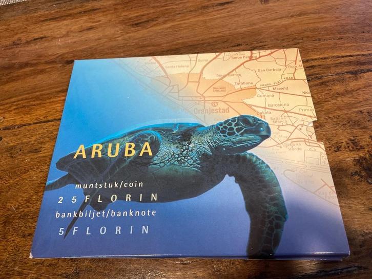 Muntstuk Aruba, 25 Florin + bankbiljet 5 Florin, Postzegels en Munten, Munten en Bankbiljetten | Verzamelingen, Munten, Nederland