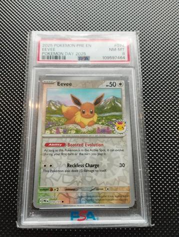 Eevee Prismatic evolutions PSA8 Pokemon day kaart  beschikbaar voor biedingen