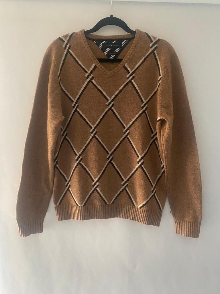Tommy Hilfiger Bruine Argyle V-Hals Trui Maat M / 38, Maat 38/40 (M), Bruin, Ophalen of Verzenden, Zo goed als nieuw