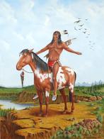 Indiaan Lakota krijger op paard, Antiek en Kunst, Kunst | Schilderijen | Klassiek, Ophalen of Verzenden