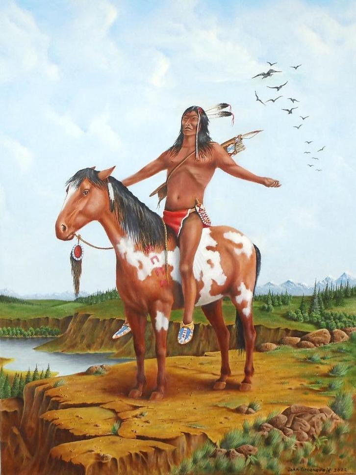 Indiaan Lakota krijger op paard, Antiek en Kunst, Kunst | Schilderijen | Klassiek, Ophalen of Verzenden