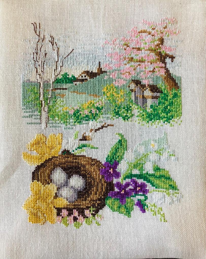 Borduurwerk, zijde, bloesem, nest, viooltje, vintage, Ophalen, Gebruikt, Handborduren, Overige typen