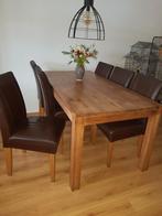 houten teaktafel  met 6 leren stoelen, Ophalen, Teakhout, 50 tot 100 cm, Zo goed als nieuw
