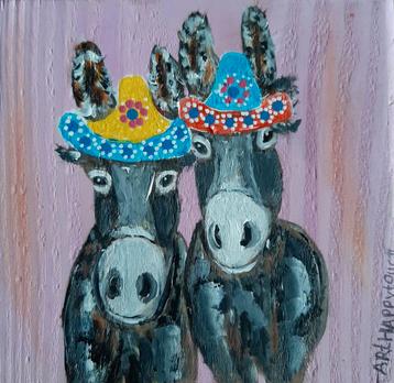Vrolijke ezels met sombrero  - Arthappytouch minikunst beschikbaar voor biedingen
