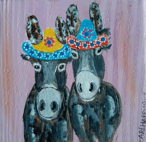 Vrolijke ezels met sombrero  - Arthappytouch minikunst, Antiek en Kunst, Kunst | Schilderijen | Modern, Ophalen of Verzenden
