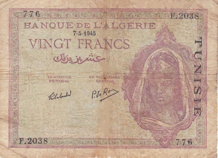 TUNISIE - BANQUE DE L 'A LGERIE VINGT FRANCS 1945, Postzegels en Munten, Bankbiljetten | Europa | Niet-Eurobiljetten, Verzenden