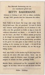 Betty Bakermans 1940 - 1959 Geldrop, 19 jr, Verzenden, Bidprentje